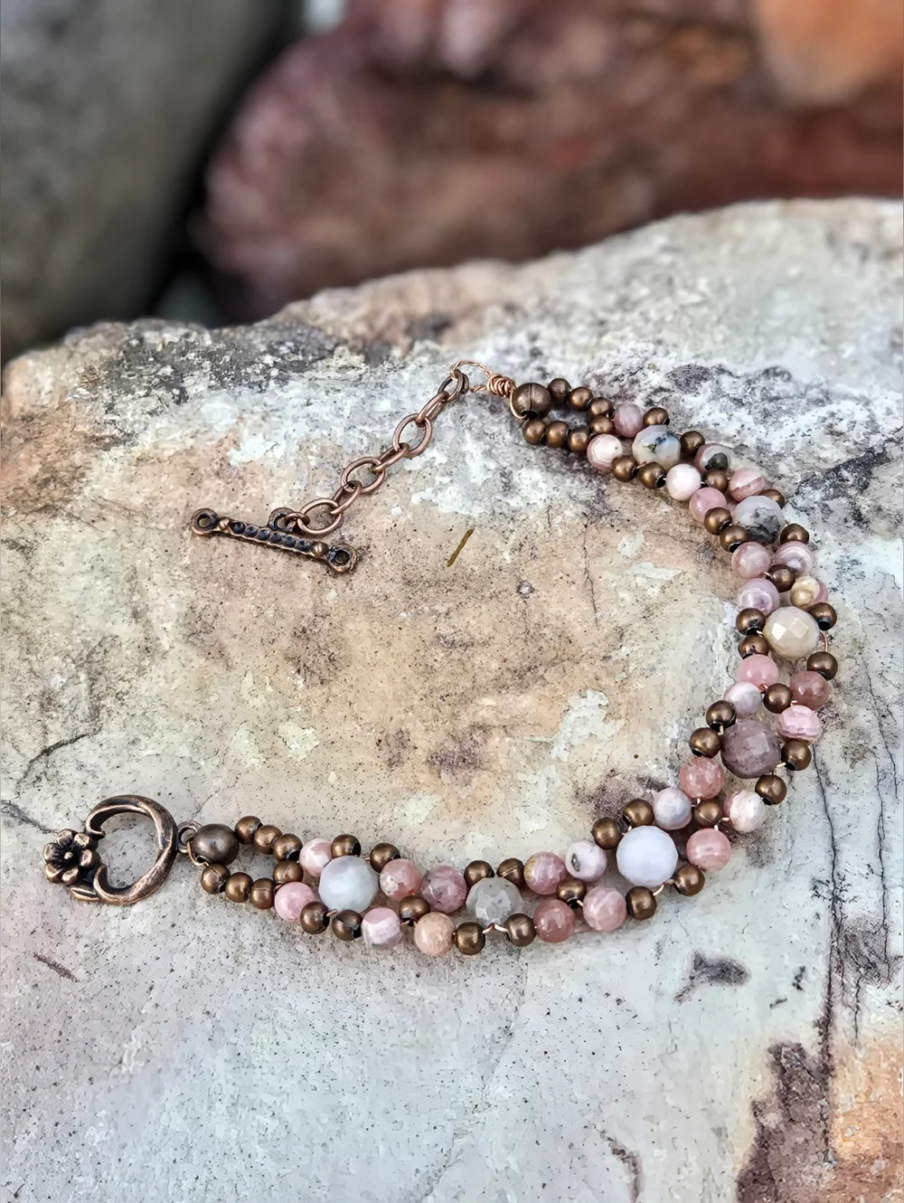 Natural Rhodochrosite In Blush Pink Handwoven Artisan Bracelet In Antique Copper